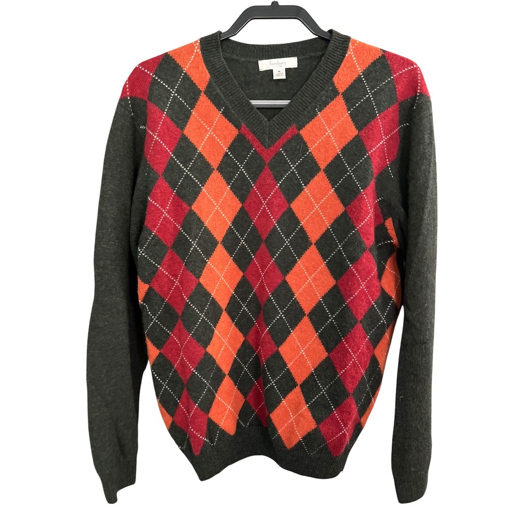 Turnbury Argyle Lambs Wool Sweater Mens M Gray V-Neck Knit Extra Fine Preppy Dad